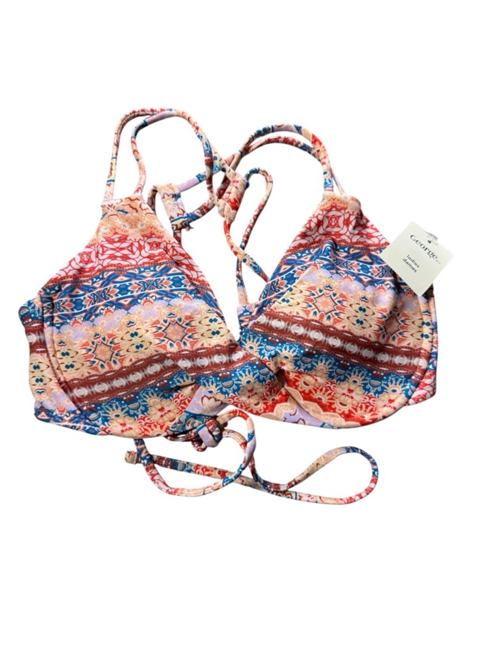 George Ladies Boho Mandala Print Bikini Top Strappy Halter M NWT